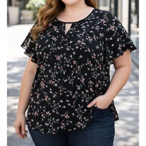 Agnes Orinda Floral Blouse Women 1X Black Pink Flutter Sleeve Lightweight